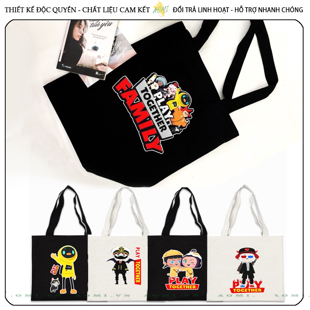 TOTE CANVAS Play Together TÚI VẢI ĐEO VAI BAG CÓ KHÓA KÉO SIZE LỚN 33x38cm AOMIVN DU LỊCH DẠO PHỐ AOMI