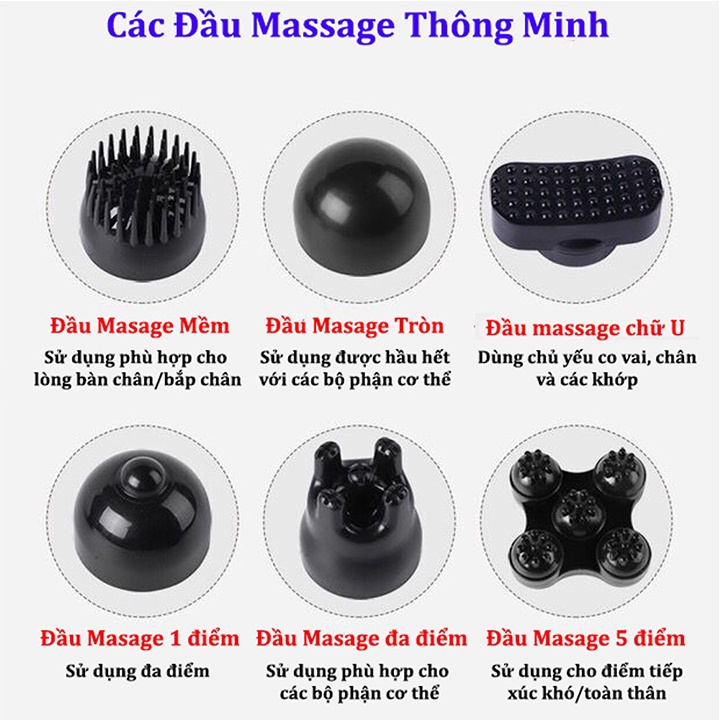 Máy Massage Cầm Tay Chuyên Sâu 6 Đầu 12 Cấp Độ Chuyên Dụng, Trị Đau Nhức Toàn Thân, Không Dây, Sạc Pin-Bảo Hành 12 Tháng