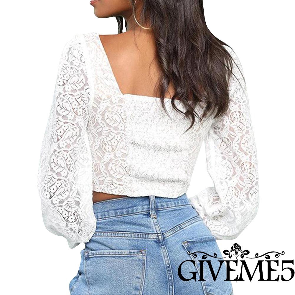 Áo Croptop Cổ Chữ U Phối Ren Màu Trơn Quyến Rũ Cho Nữ