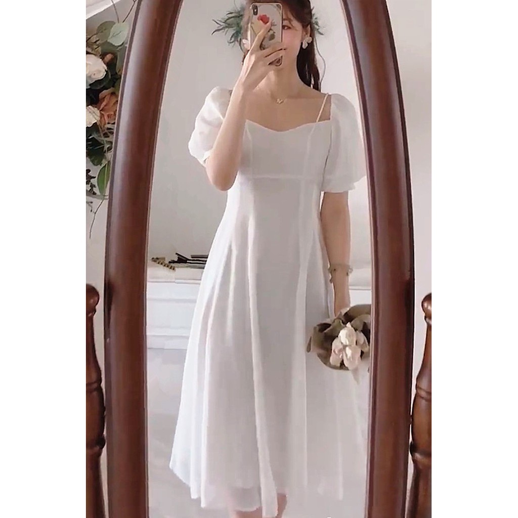 Váy đầm tiểu thư mầu trắng bánh bèo thiết kế 2 lớp voan cổ vuông retro vintage dáng xòe dài đủ size s m l
