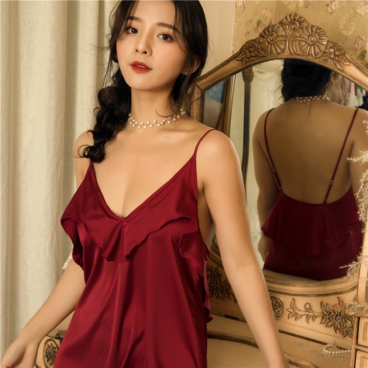 Váy ngủ sexy lụa đẹp AMUSE V04🔥SIÊU SALE🔥 bigSize 40-65kg đồ ngủ sexy cổ V nhún bèo giá rẻ_đầm ngủ sexy lụa cao cấp | BigBuy360 - bigbuy360.vn