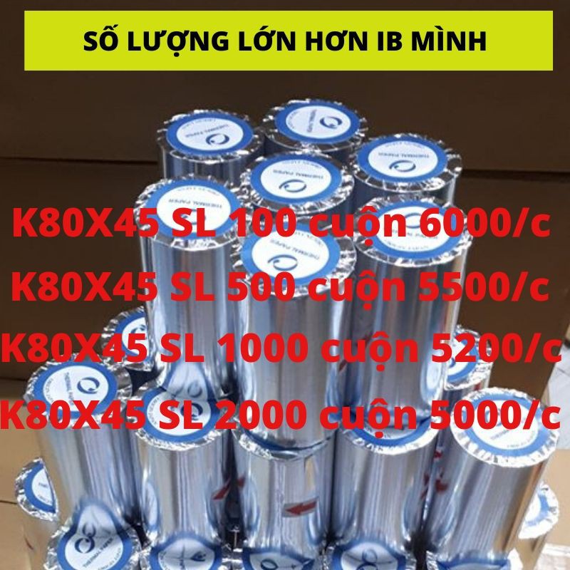 (50 Cuộn) Giấy in Hóa Đơn K80 - Ø45 Mực màu đen ( in nhiệt ) cho Máy tính tiền, Máy in Bill