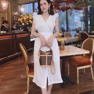 Đầm midi trắng đắp chéo tay tiên kt
