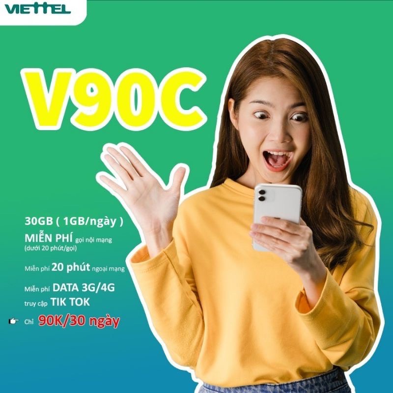 Sim 4G Viettel V90C tặng 30GB/Tháng, miễn phí 1000 phút gọi nội mạng và 20 phút ngoại mạng chỉ 90k/tháng - GELOSS