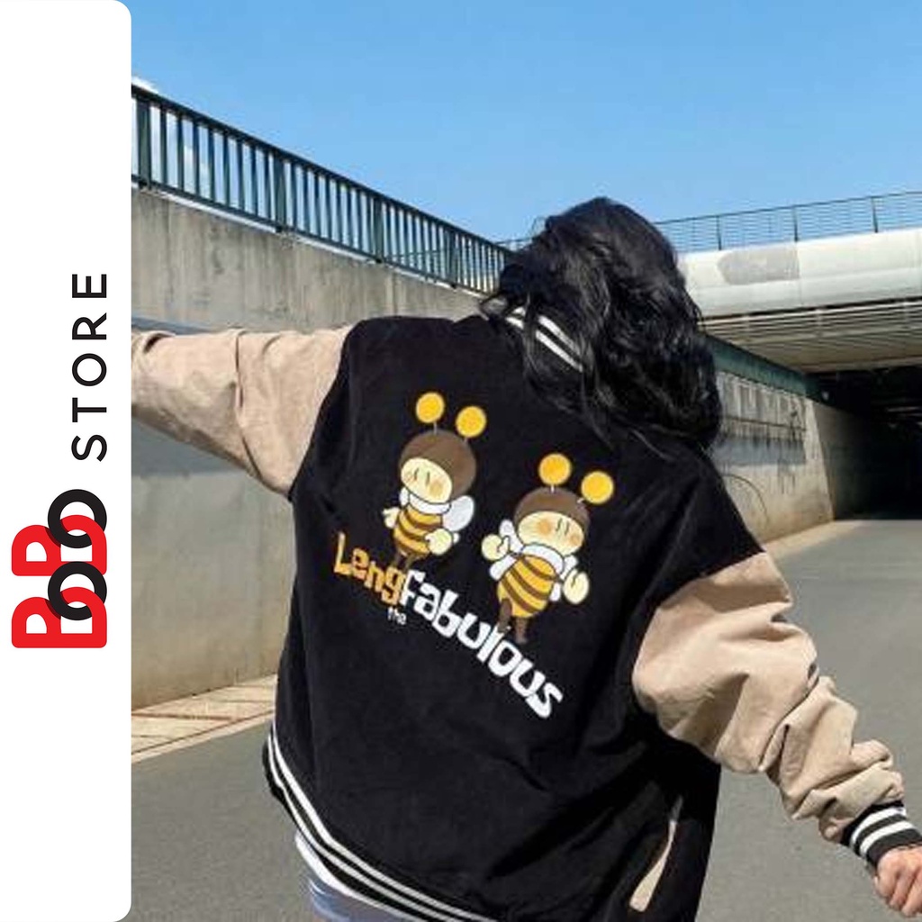 Áo khoác bomber nỉ có nút bấm in hình con Ong, form rộng dành cho nam nữ - BoBo Store