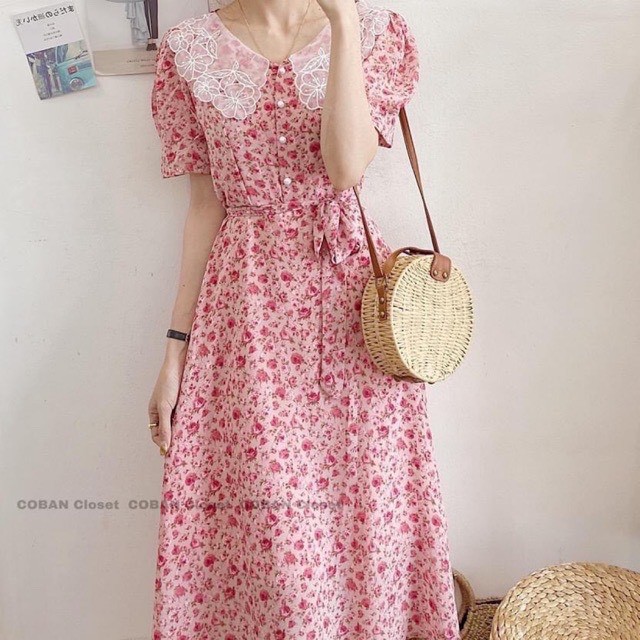 BÁN SỈ VÁY HOA HỒNG PHỐI CỔ REN KÈM ĐAI CHO NỮ M34