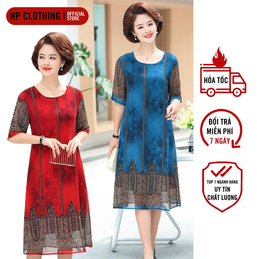 Đầm Trung Niên D520, Mẫu Váy Thổ Cẩm Cho Mẹ Cổ Tròn Ngắn Tay Form Suông Rộng Rãi Sang Trọng | Thời Trang Trung Niên U50