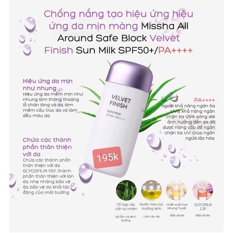 (Sẵn-Có bill mua) Kem Chống Nắng Missha TÍM All-around Safe Block Velvet Finish Sun Milk SPF50+/PA+++