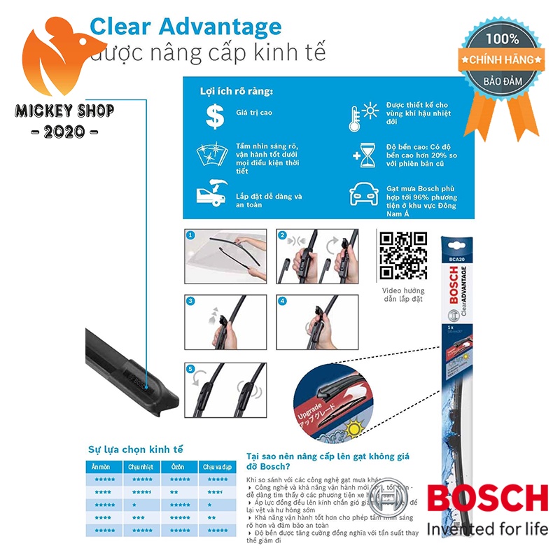 Gạt Mưa Ô Tô Bosch Clear Advantage AEROFIT -  Loại Tầm Trung Thân Mềm Không Xương