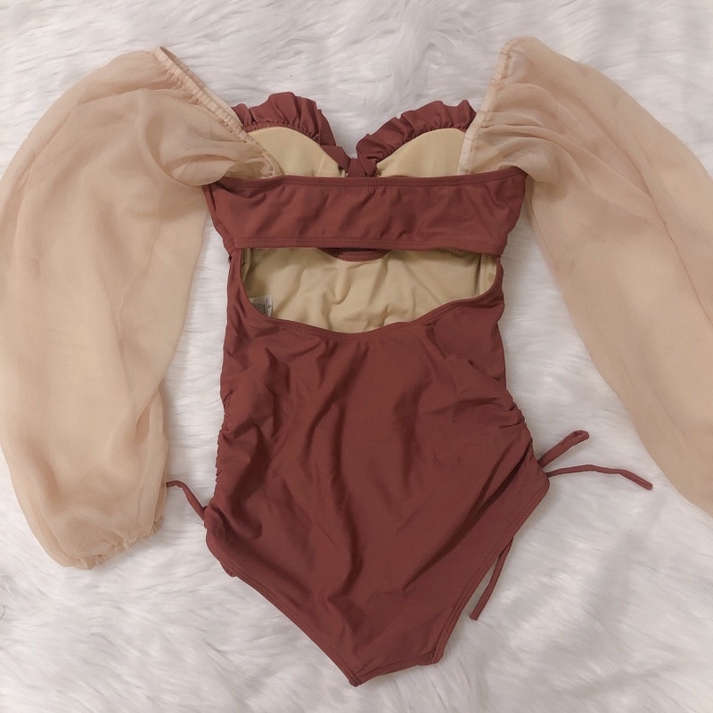 [BIKINI CAO CẤP] Bikini Đồ bơi liền mảnh công chúa tay bồng ren ánh kim màu hồng đất baby