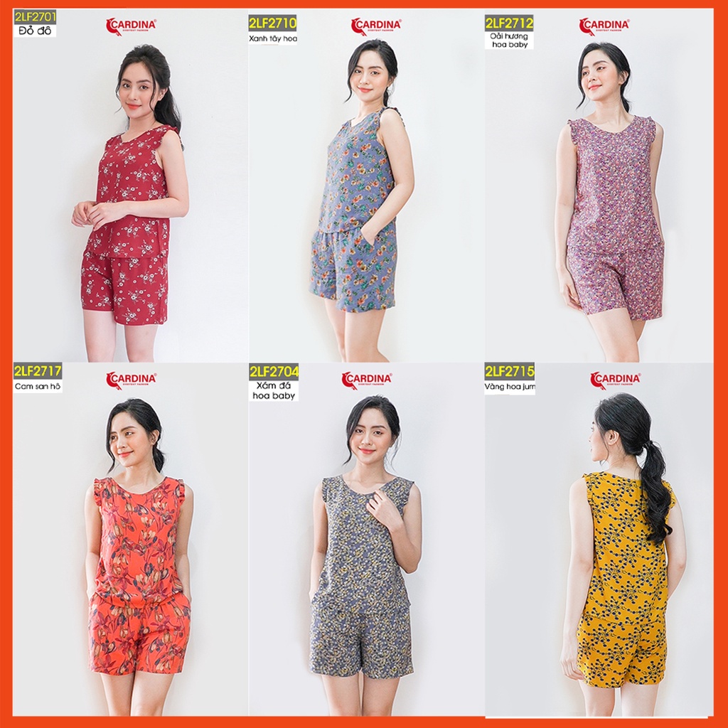 Đồ bộ nữ CARDINA chất lanh tre Nhật cao cấp quần đùi áo sát nách họa tiết tinh tế 2LF27