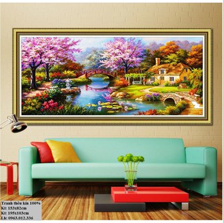 tranh thêu chữ thập phong cảnh ngôi nhà tổ ấm kt 200x110cm