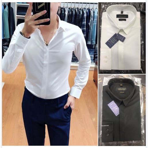 Áo sơ mi nam trắng đen, sơ mi nẹp dấu cúc cotton đóng hộp cao cấp dài tay