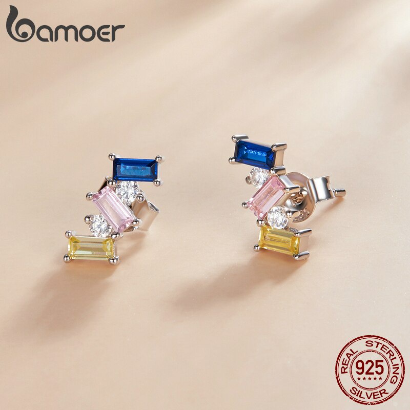Đôi bông tai Bamoer SCE1208 bằng bạc 925 đính đá Zircon hình vuông nhiều màu chống dị ứng cho nữ