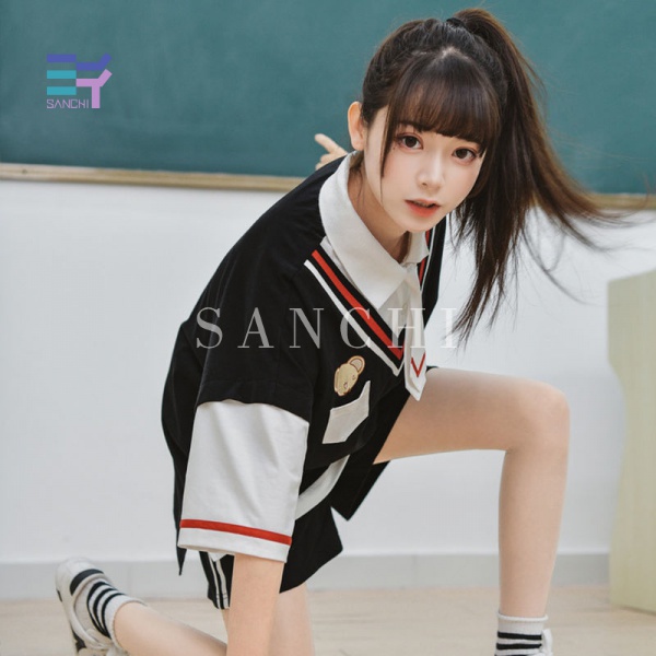 SANCHI Sportswear Set Includes Fake Two-Piece T-shirt Summer Fashion Shorts Women loose Plaid pleated skirt