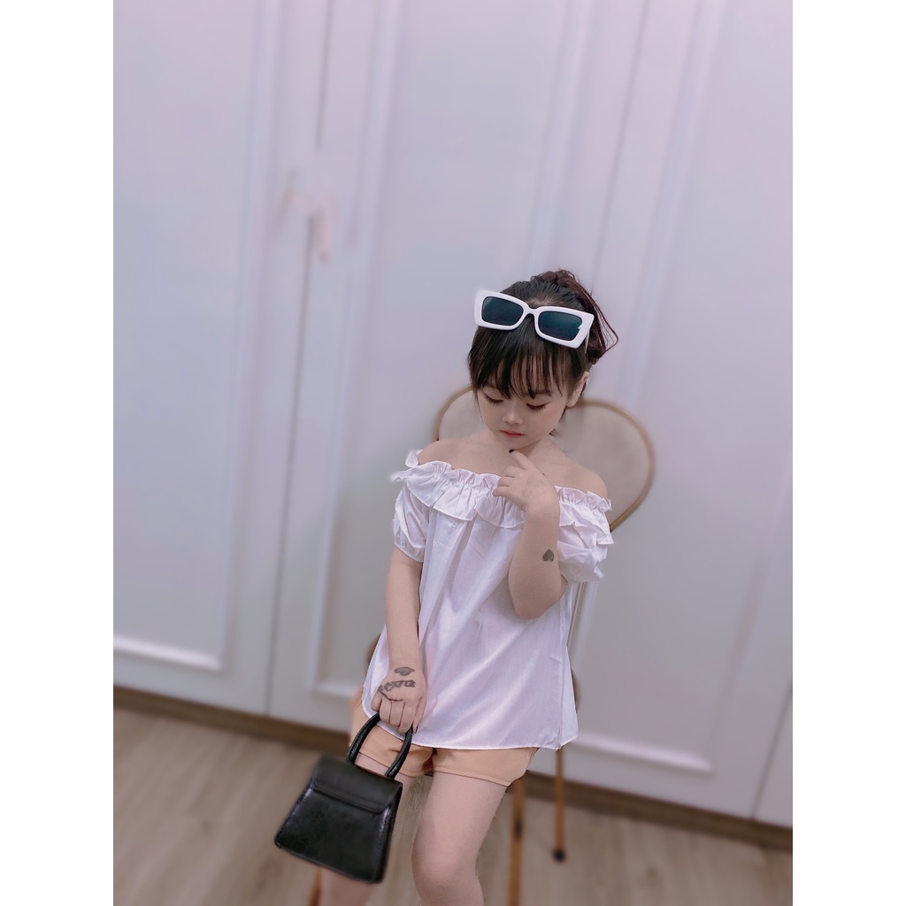 Bộ cộc tay bé gái, set áo cổ bèo vải thô mềm mát phối quần đùi nâu cho bé size 10-35kg