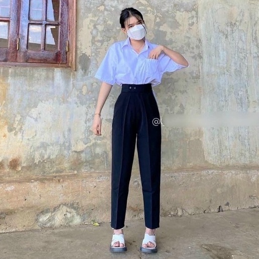 Quần tây nữ lưng cao đi học có đai 2 nút khuy bấm màu đen mềm dáng dài kiểu - Quần vải baggy nữ cạp cao lệch mặc công sở