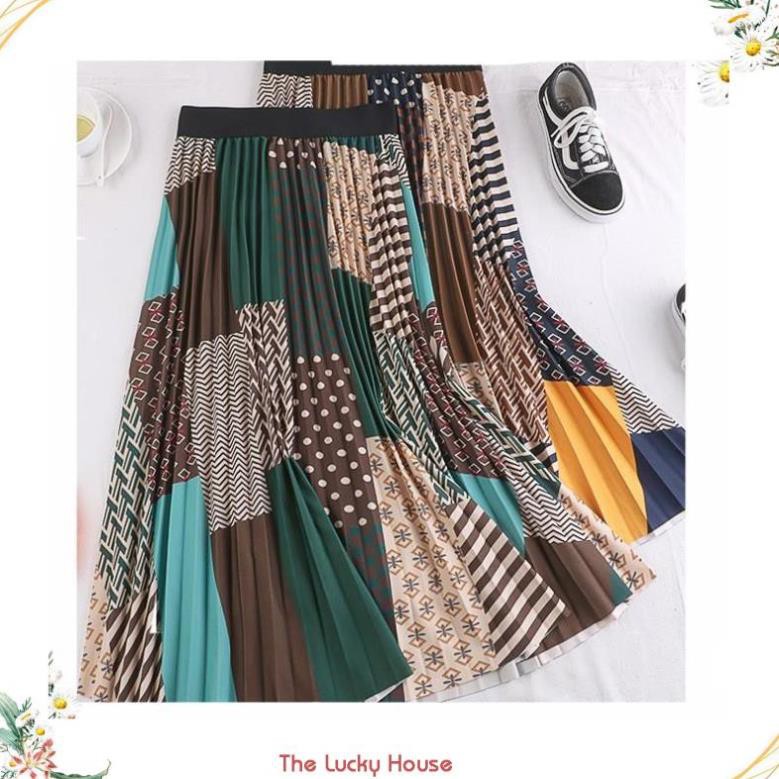 Chân váy xếp ly Vintage dáng dài chất không nhăn VAY35 phối nhiều màu (Free size)