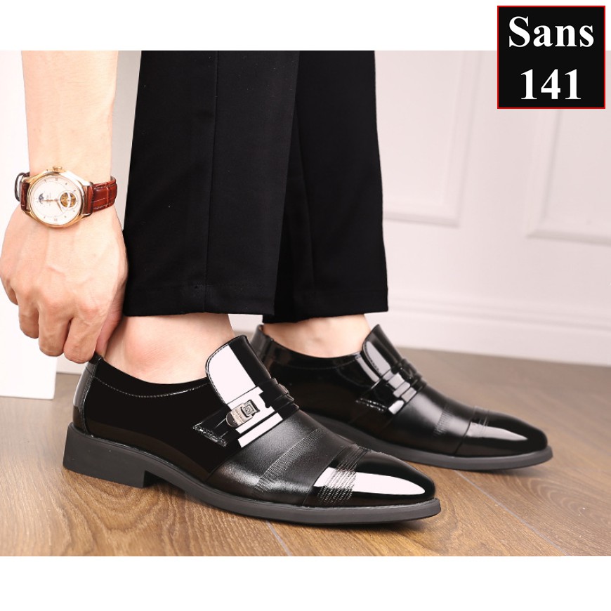 Giày tăng chiều cao nam 6cm Sans141 giầy tây độn đế lười da bóng mũi tròn đen nâu size nhỏ 37 công sở đàn ông người lớn