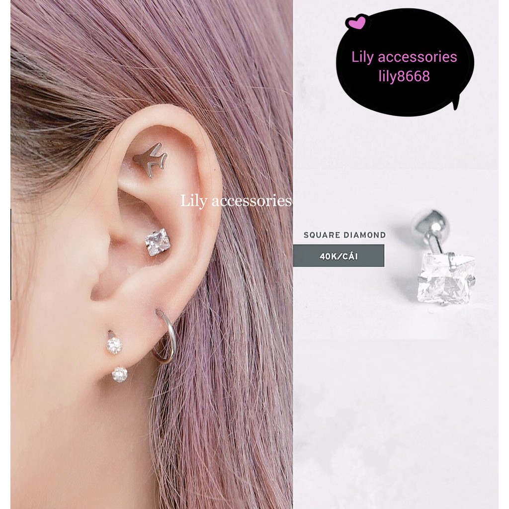 khuyên tai titan tứ giác đính đá không gỉ không đen không dị ứng cho nam nữ