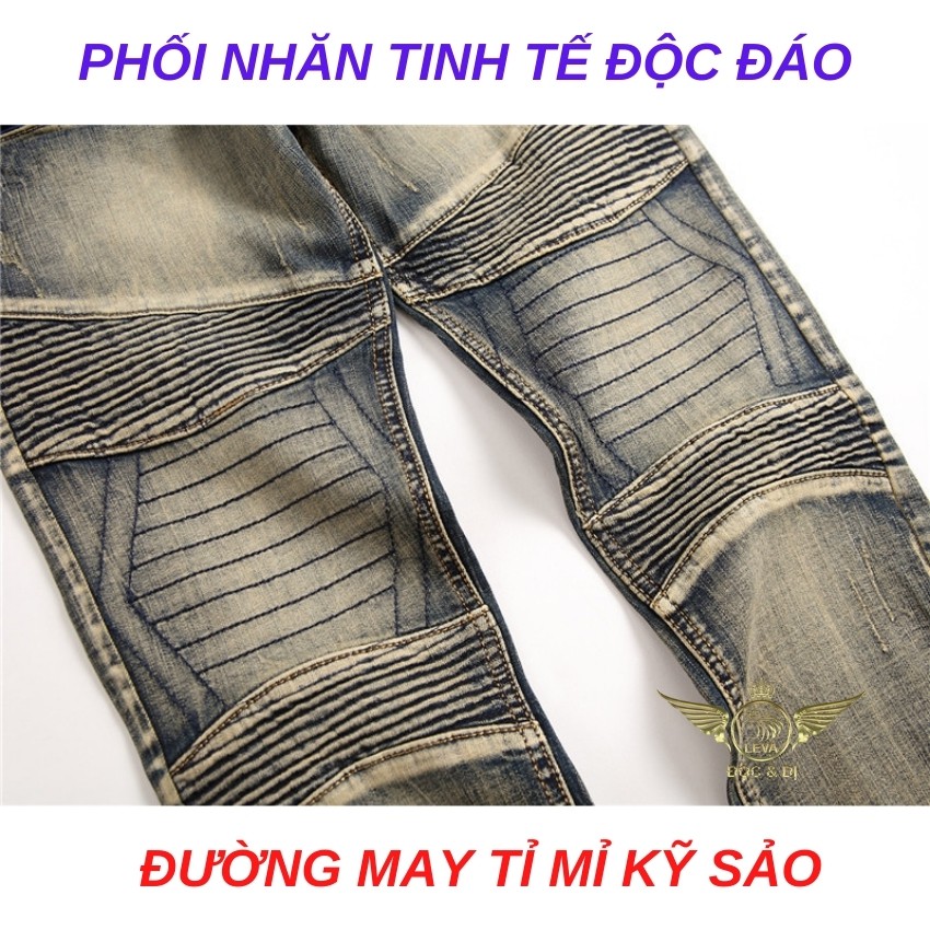 Quần jean nam cao cấp ống ôm LEVAMEN chất liệu vải bò jeans co giãn nhẹ Motorbike nhăn gối QJ003 | BigBuy360 - bigbuy360.vn