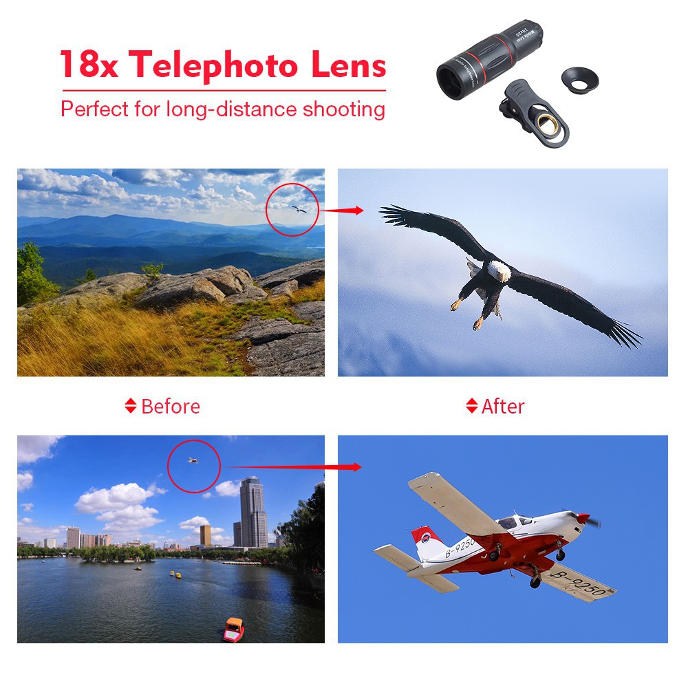 ⊙❉Bộ lens, ống kính đa năng cho điện thoại Apexel 4in1 tele 18x, macro, mắt cá, góc rộng - Tặng kèm giá đỡ