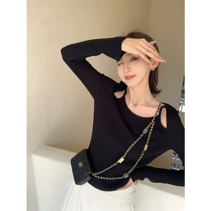 Áo Dệt Kim Trễ Vai Dáng Ôm Phong Cách Retro Hàn Quốc Cho Nữ
