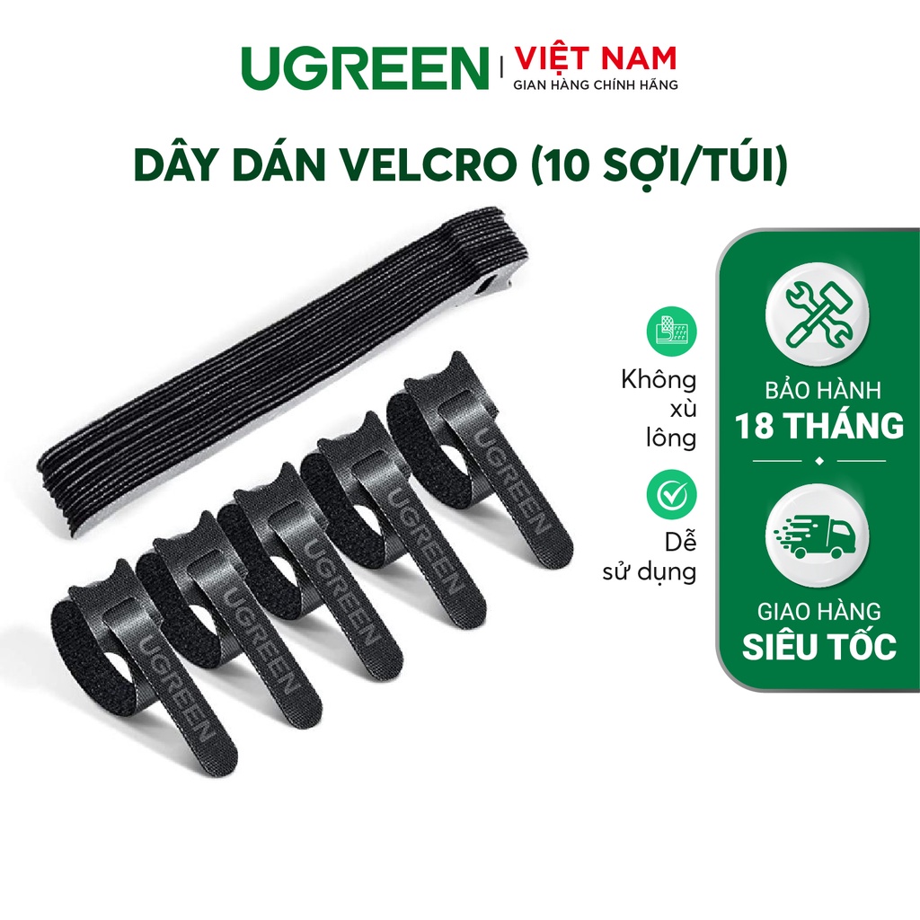 Dây dán tiện lợi UGREEN 50370 20245 Velcro làm gọn dây sạc, dây tai nghe, dây máy tính...dài 14cm và 18cm