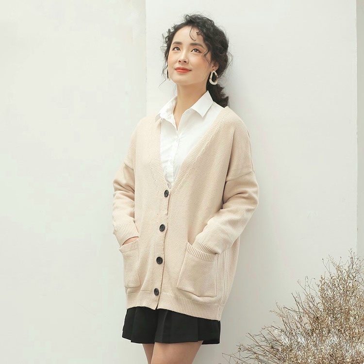 Áo cadigan nữ cài cúc cổ thấp chữ v có túi 2 bên | BigBuy360 - bigbuy360.vn