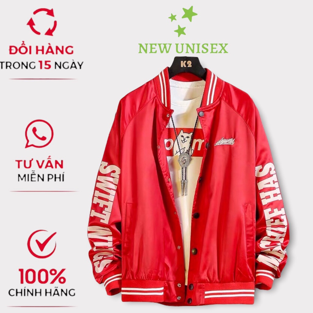 Áo khoác bomber nam nữ vải dù 2 lớp form rộng in họa tiết đẹp phối chữ trắng ở tay siêu hot trend