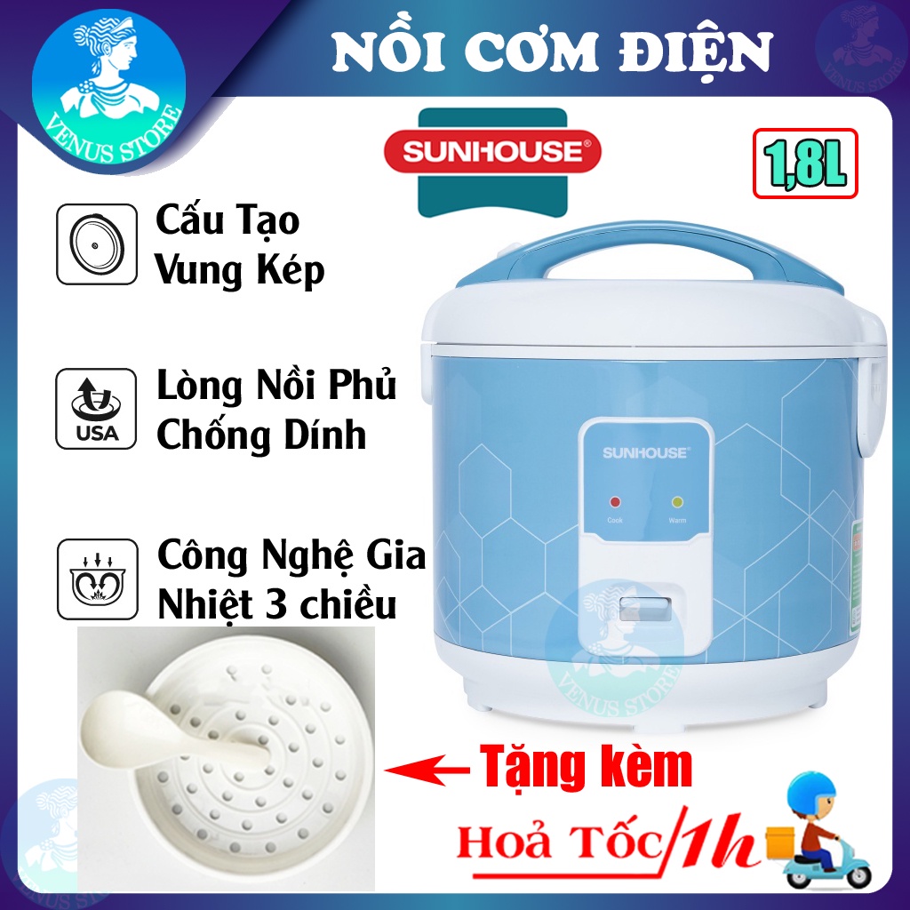 Nồi Cơm Điện 1.8L Sunhouse SHD8622G - Công Suất 700W Nấu Nhanh - Sản Xuất Tại Việt Nam (Tặng Kèm Giá Hấp, Muôi Lấy Cơm)