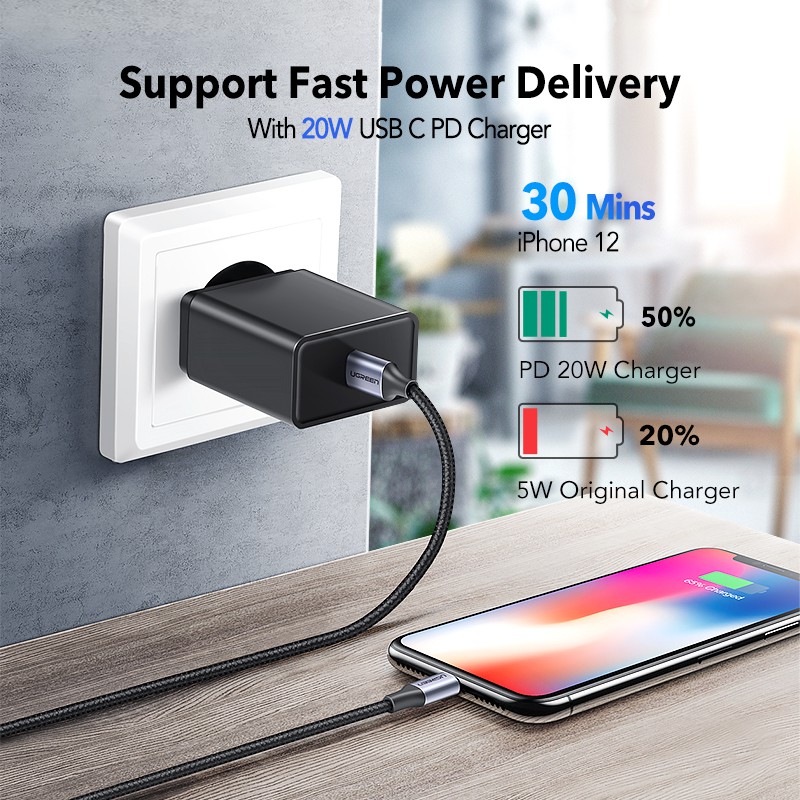 Cáp sạc nhanh UGREEN MFI Bradied USB C 20W PD thích hợp cho iPhone 14 / 14 Max / 14 Pro / Pro Max