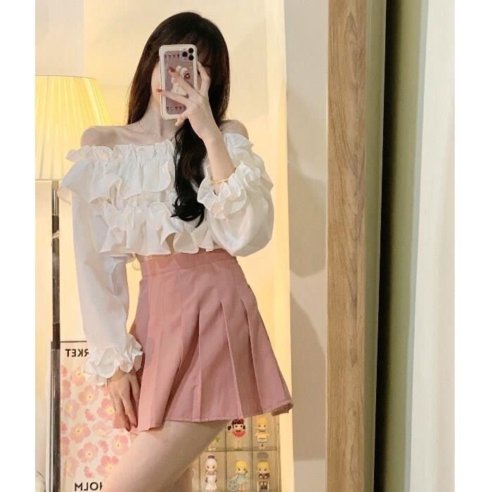Set Áo Trễ Vai Tay Phồng + Chân Váy Xếp Ly Màu Hồng Chất Liệu Chiffon Thời Trang Cho Nữ