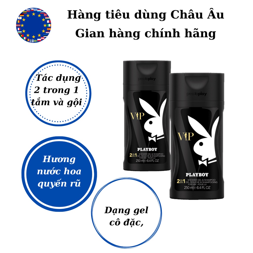 Dầu tắm gội nam Play boy Vip 2in1, hương thơm nam tính, hàng nội địa Đức