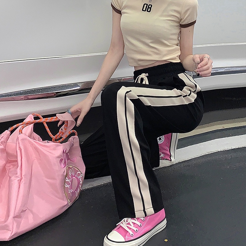 Quần dài ZHELIHANGFEI ống rộng lưng cao họa tiết sọc thời trang cho nữ