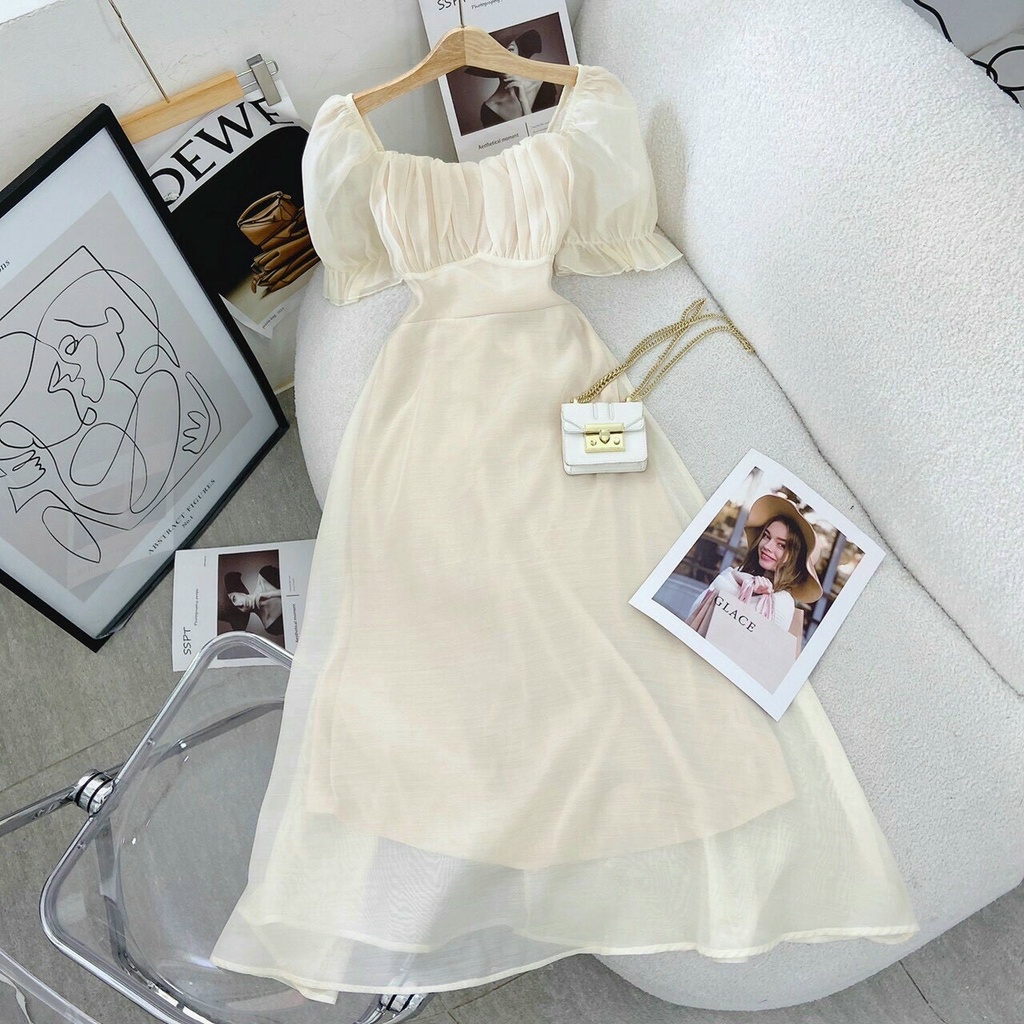 Váy kem nude đầm tiểu thư tay phồng cổ vuông dự tiệc dạo phố chụp ảnh đẹp dễ thương