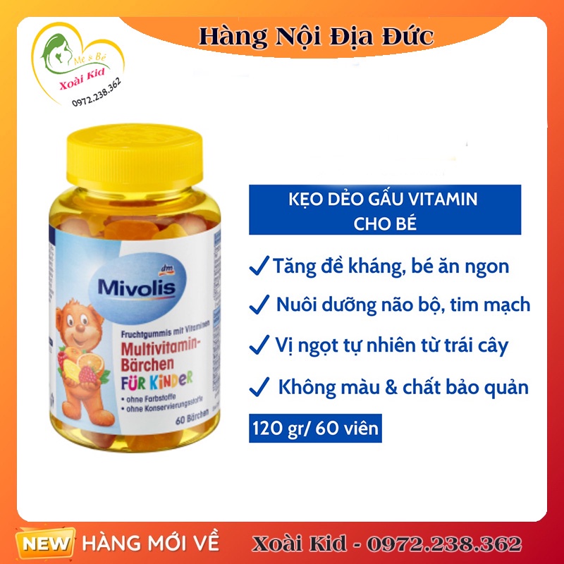 ✧✶Kẹo Gấu Bổ Sung Vitamin Tổng Hợp Cho Trẻ Mivolis, Vị Trái Cây, 60 Viên - Nội Địa Đức Đủ Bill