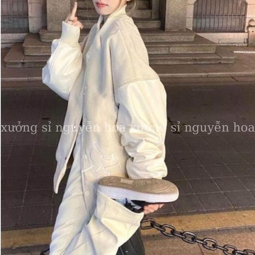 áo khoác bomber nỉ dạ phối tay da họa tiết lửa form dáng rộng unisex nam nữ mặc được màu be phong cách hàn quốc