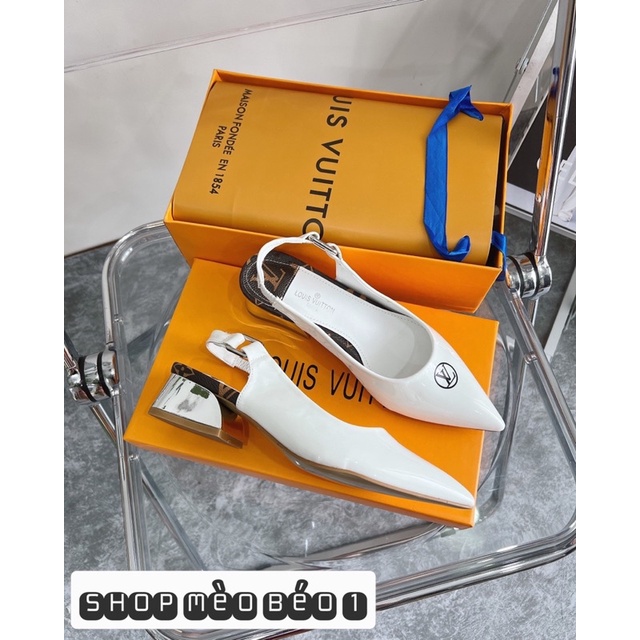 Sandal lv mũi nhọn gót gương đế vuông fullbox