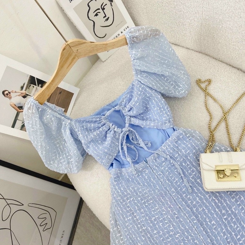 ĐẦM MIDI XANH REN BI CUTOUT KHOEN LƯNG