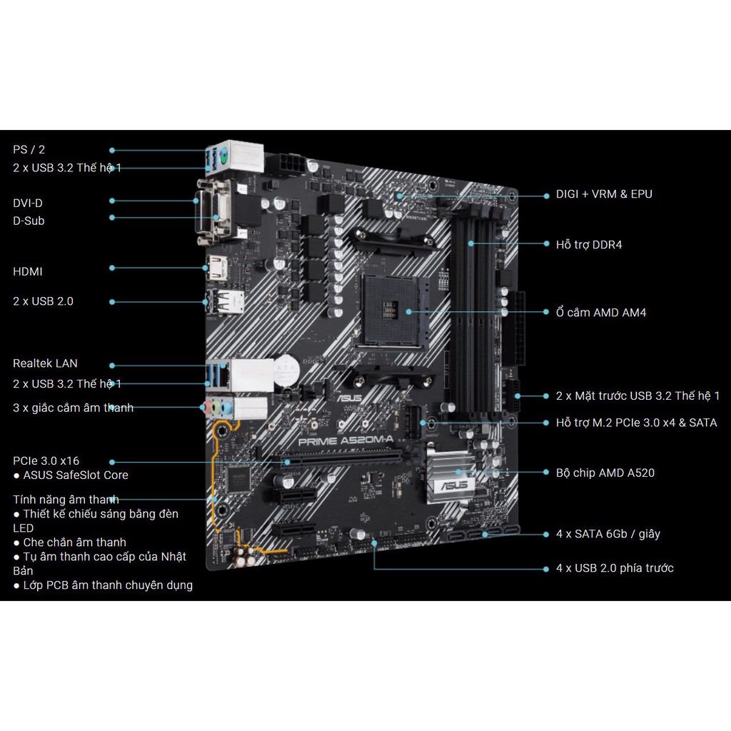 [Mã 254ELSALE giảm 7% đơn 300K] Mainboard ASUS PRIME A520M-A FULL BOX