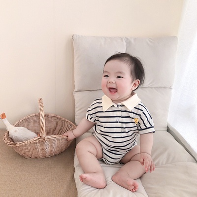 Áo Liền Quần Tay Ngắn In Hình Mặt Cười Dành Cho Bé Trai &amp; Gái Sơ Sinh