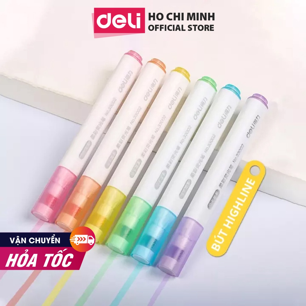 [Mã LIFEDELI20K5 giảm 20K đơn 0Đ] Bút highlight dạ quang ghi nhớ dấu dòng Deli hộp 6 chiếc - 33002