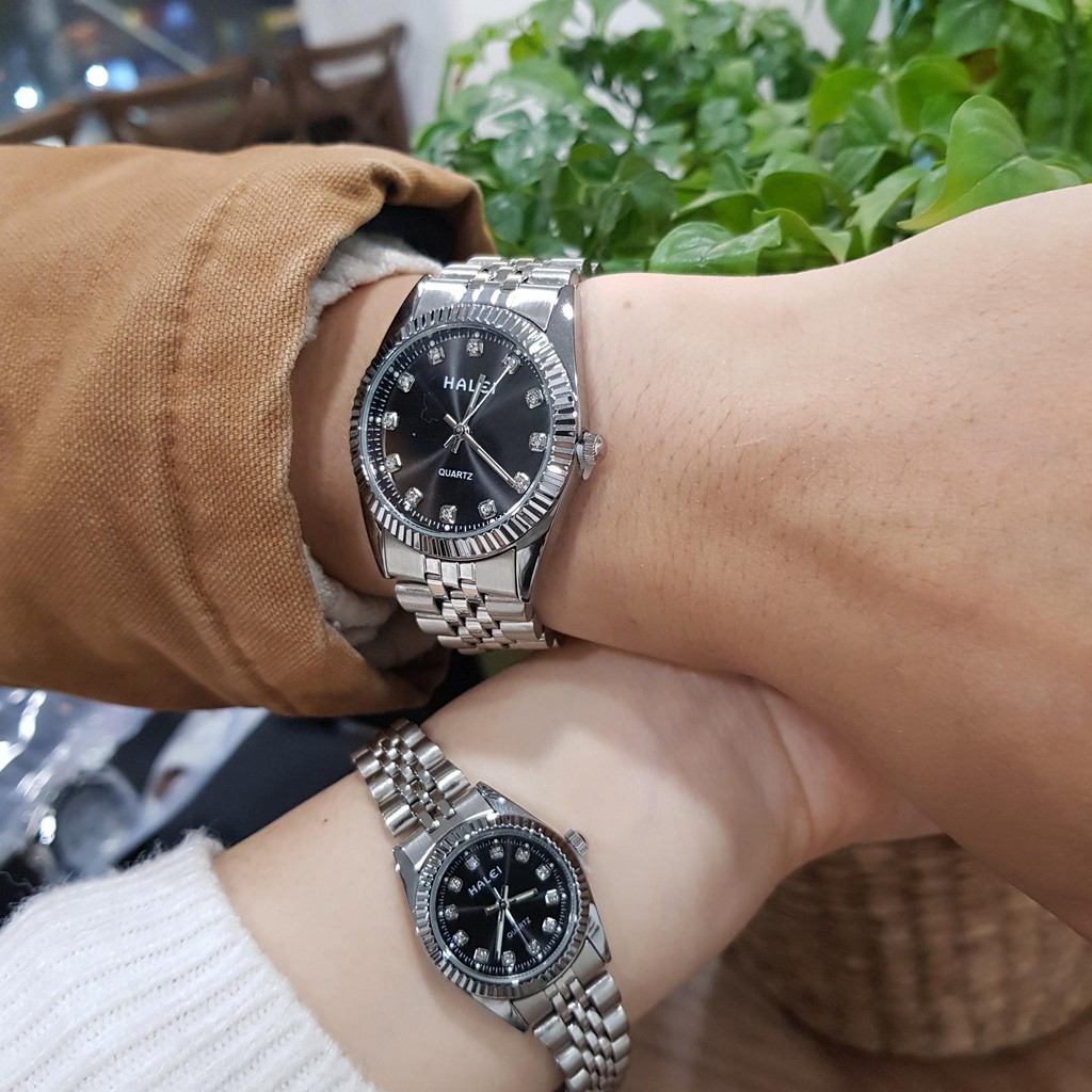 HÀNG CAO CẤP -  Cặp đồng hồ đôi Halei dây kim loại màu trắng mặt đen chống nước chống xước tuyệt đối 3atm Tony Watch 68 