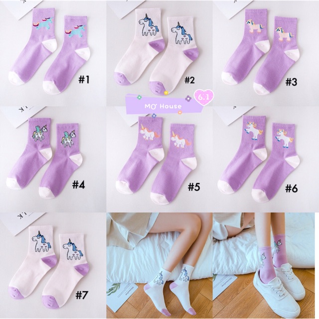 Tất Vớ Cao Cổ Nam Nữ Purple Unicorn Hình Kỳ Lần Tông Màu Tím Hồng Dễ Thương Chất Liệu Cotton Co Giãn 4 Chiều Mơ House