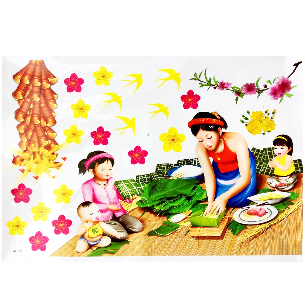 Tấm decal (sticker) dán tường kính trang trí Tết 90x60cm ( mẫu gói bánh chưng)