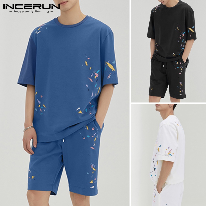 Bộ đồ thun nam INCERUN với áo và quần short dây rút in họa tiết thời trang mùa hè
