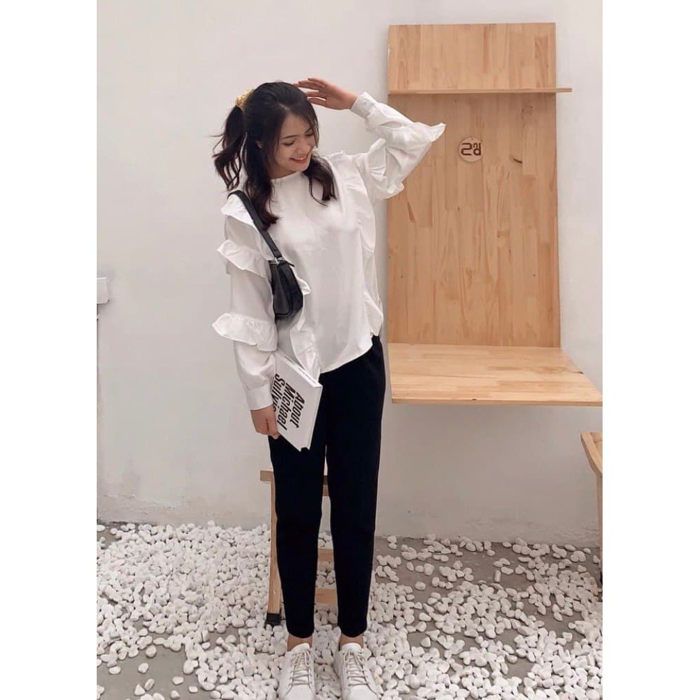 A054 Áo Sơ Mi  không cổ Nữ Bánh Bèo Tay Bồng Hot Girl, Áo Tiểu Thư Trắng Tay Bèo Tầng Ulzzang Phong Cách Hàn Quốc