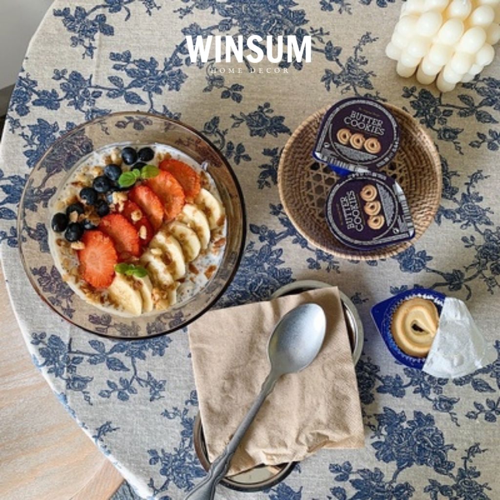 Khăn trải bàn hoa xanh phong cách vintage vải canvas dày dặn - Winsum.decor