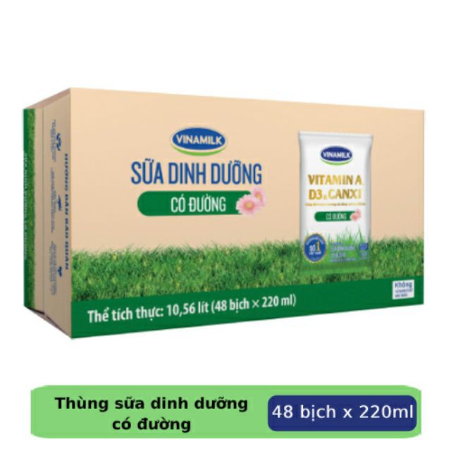 Thùng 48 bịch sữa tươi tiệt trùng Vinamilk VNM 220ml có đường / không đường / Ít đường - Sữa bịch Vinamilk 220ml thùng